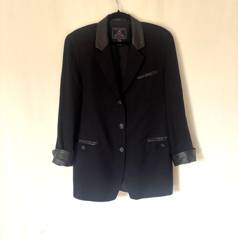 The Limited Collection Blazer Medium USA Black Wool Blend Faux Leather Trim
